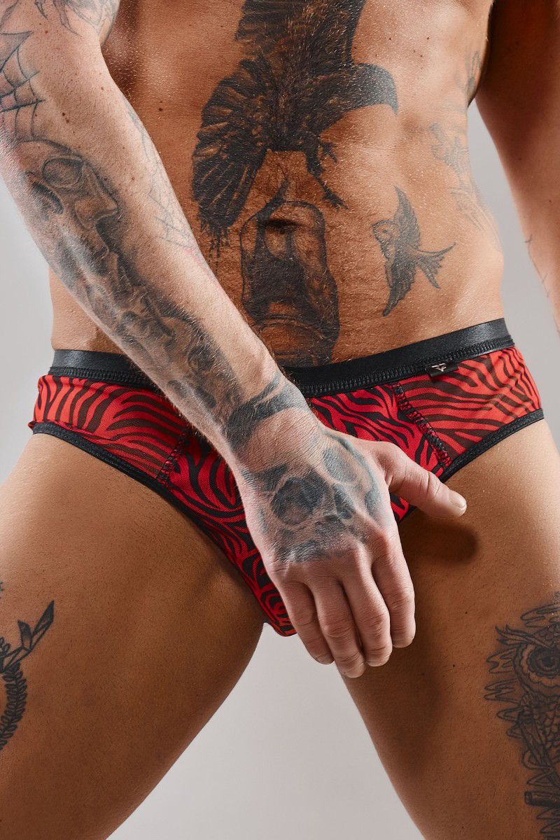 Slip type brésilien ouvert zébré rouge et noir 
