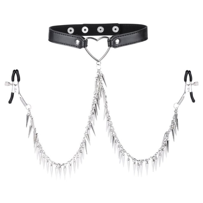 Collier avec Pince-Tétons Spike Heart Noir