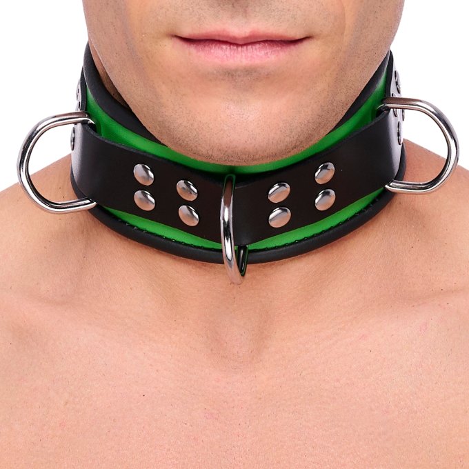 Collier en cuir 3 Anneaux D Vert-Noir