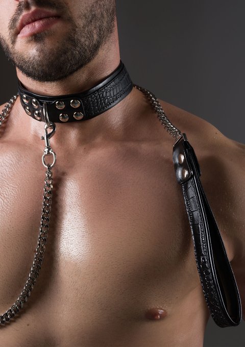 Collier-laisse Motif Croco Feros Noir