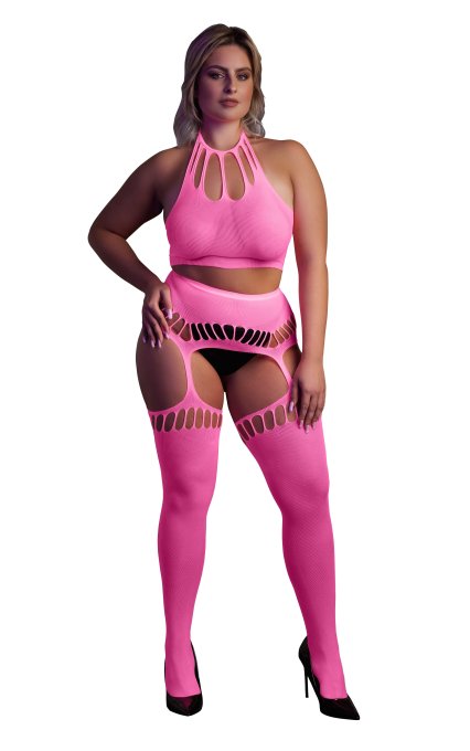 Ensemble Bustier Dos nu et Porte-Jarretelles 2 Pièces Rose Fluo