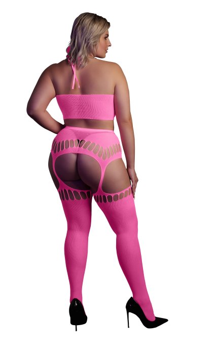 Ensemble Bustier Dos nu et Porte-Jarretelles 2 Pièces Rose Fluo