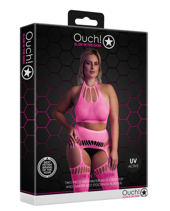 Ensemble Bustier Dos nu et Porte-Jarretelles 2 Pièces Rose Fluo