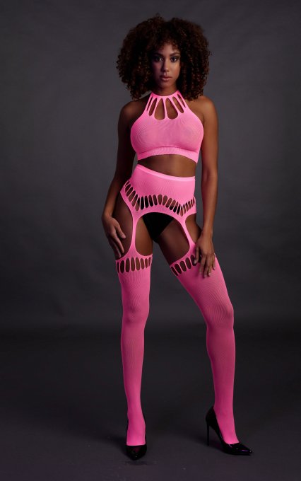 Ensemble Bustier Dos nu et Porte-Jarretelles 2 Pièces Rose Fluo