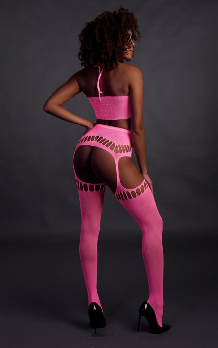 Ensemble Bustier Dos nu et Porte-Jarretelles 2 Pièces Rose Fluo