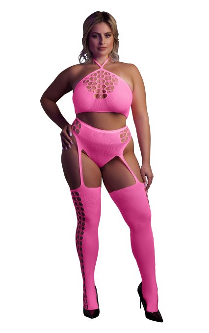 Ensemble Bustier et Porte-Jarretelles 2 Pièces Rose Fluo