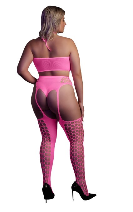 Ensemble Bustier et Porte-Jarretelles 2 Pièces Rose Fluo
