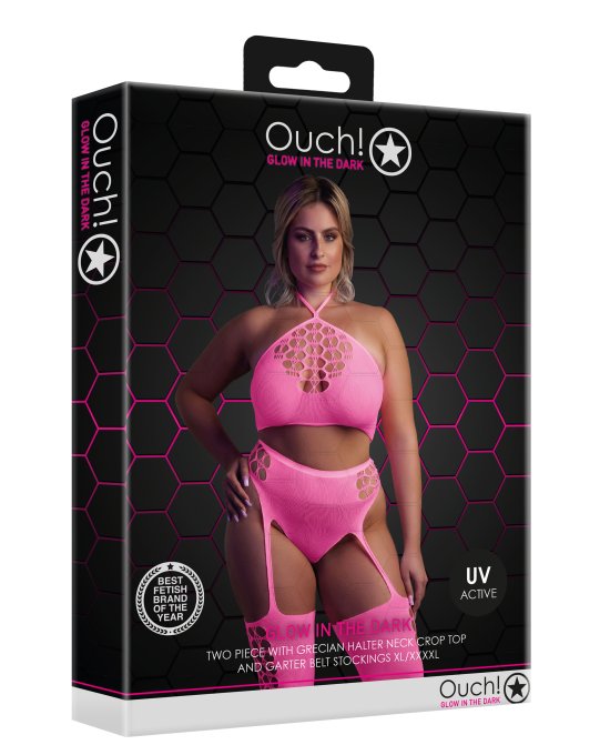 Ensemble Bustier et Porte-Jarretelles 2 Pièces Rose Fluo