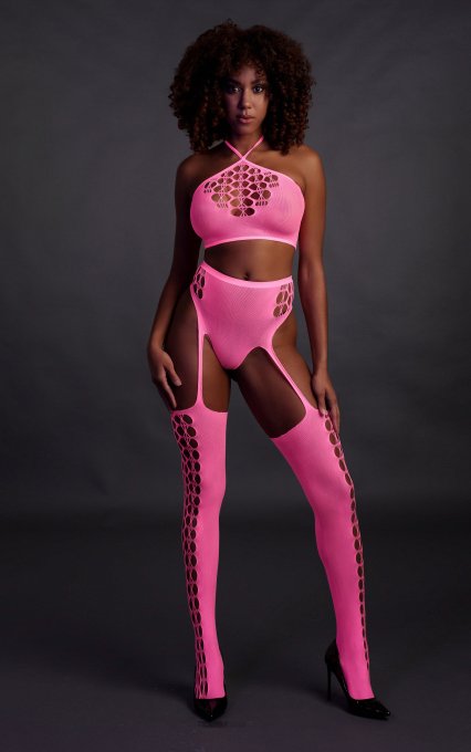 Ensemble Bustier et Porte-Jarretelles 2 Pièces Rose Fluo