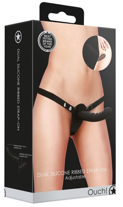 Gode ceinture double Dual Ribbed 15 x 3.3cm Noir