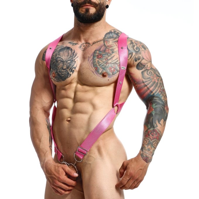 Harnais élastique et Cockring Crossback Dngeon Rose