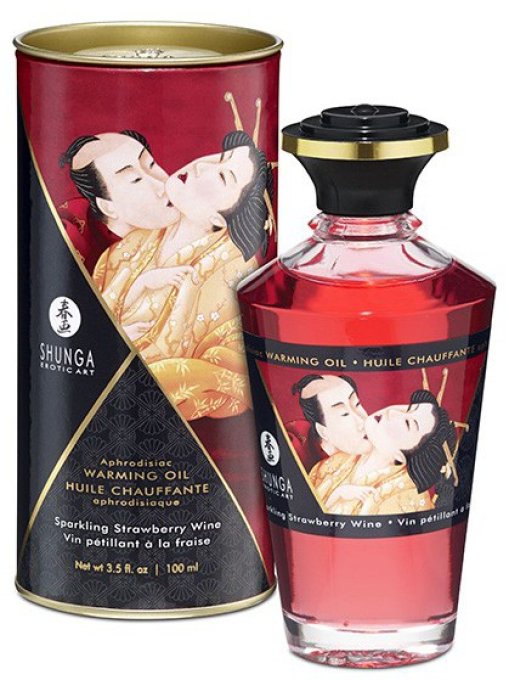 Huile de massage Chauffante Aphrodisiaque – Vin Pétillant à la FRAISE 100 mL