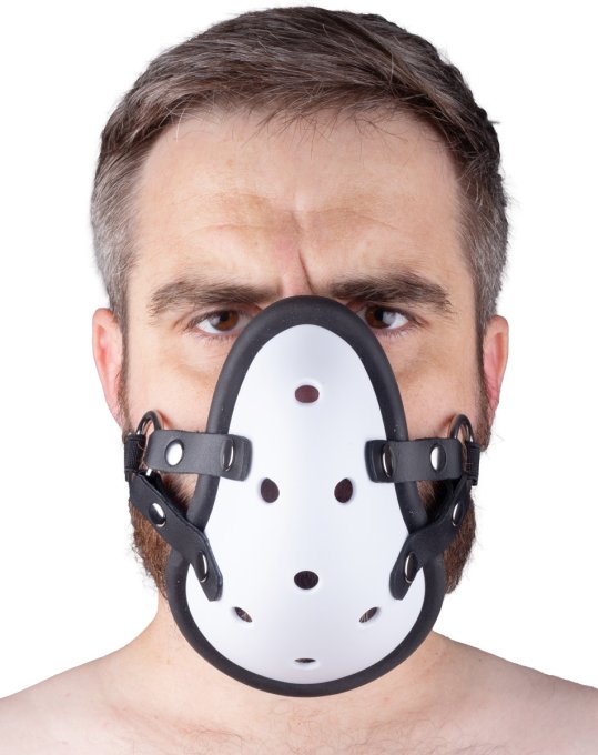 Masque avec Lanières en Cuir « Sniff my .... » Blanc