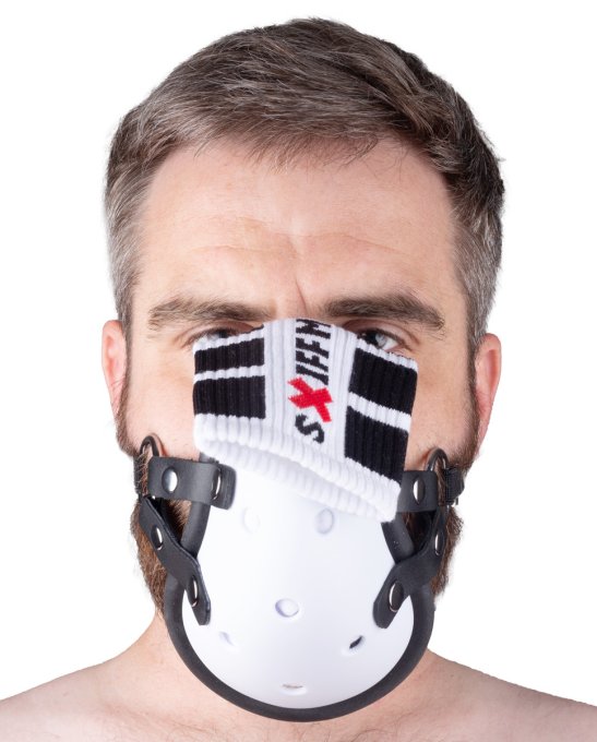 Masque avec Lanières en Cuir « Sniff my .... » Blanc