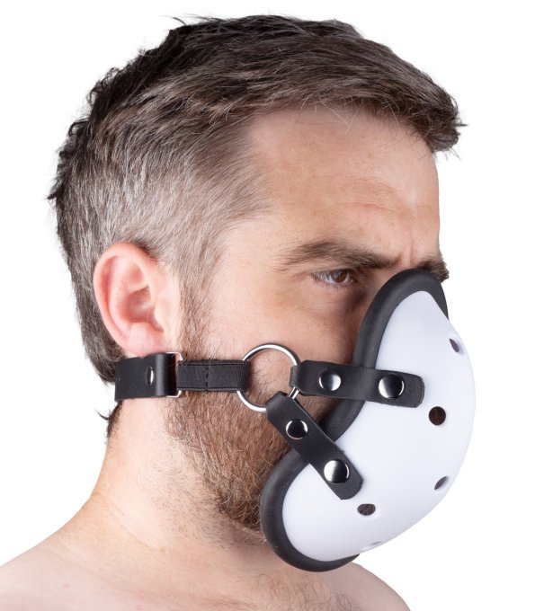 Masque avec Lanières en Cuir « Sniff my .... » Blanc