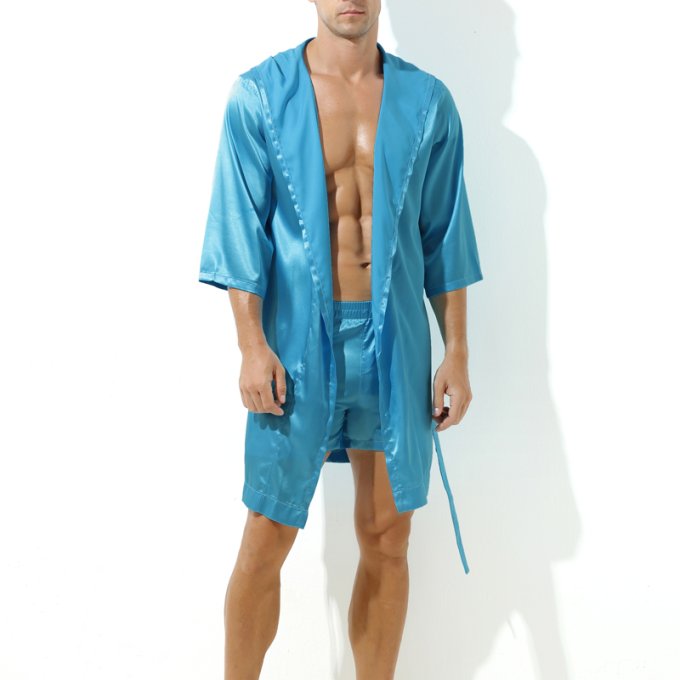 Peignoir effet satiné Long Slit Bleu Turquoise