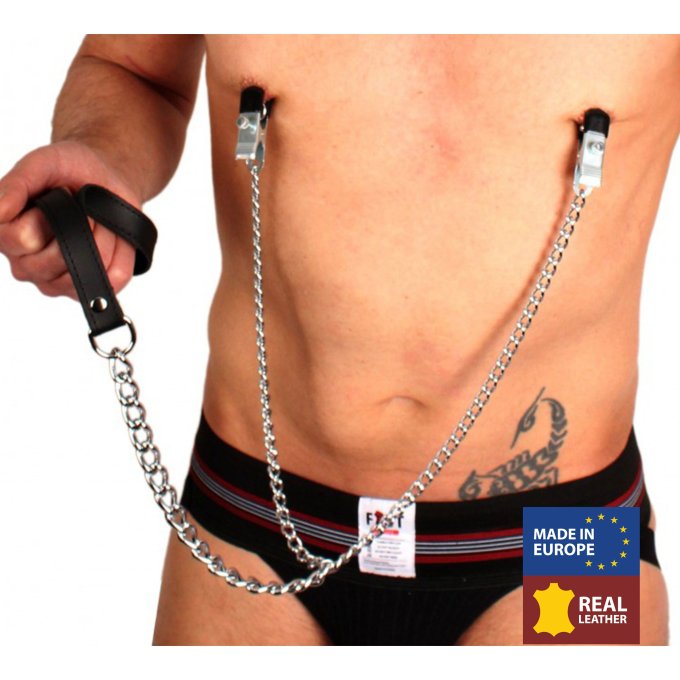 Pinces à seins + laisse ( métal + cuir )