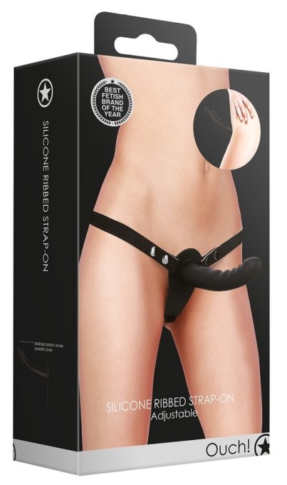 Silicone Ribbed Strap-On - Adjustable - Black