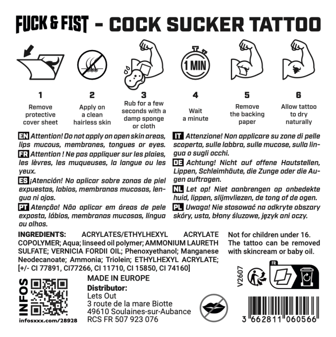 Tatouage temporaire Cock Sucker 9 x 6.5cm
